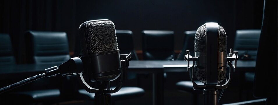two chairs and microphones in podcast or interview room isolated on dark background as a wide banner for media conversations or podcast streamers concepts with copyspace