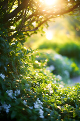 Exquisite Embrace of Wilderness: Dew-kissed Greenery in a Sun-dappled Lively Atmosphere