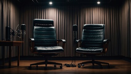 two chairs and microphones in podcast or interview room isolated on dark background as a wide banner for media conversations or podcast streamers concepts with copyspace