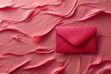 Valentines Day concept. Flat lay composition of pastel pink background and red envelope with letter in the middle. - Powered by Adobe