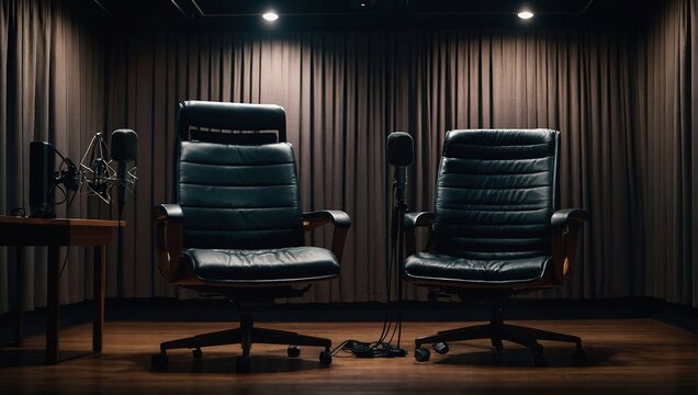 two chairs and microphones in podcast or interview room isolated on dark background as a wide banner for media conversations or podcast streamers concepts with copyspace