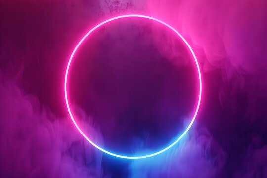 pink and blue neon frame in shape of a circle,lines glowing with laser light on a dark smoky background, top view, web design concept,technology presentations,musical materials,cyberpunk and futurism