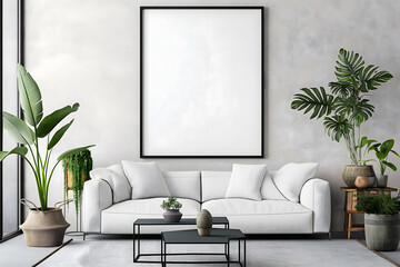 the interior of the living room in a minimalist style in light gray tones with live green plants in flowerpots and a large black frame mockup,interior design concept,