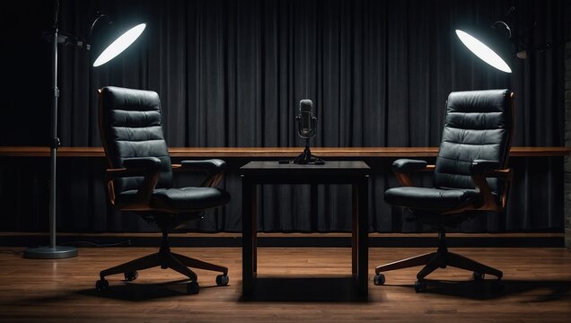 two chairs and microphones in podcast or interview room isolated on dark background as a wide banner for media conversations or podcast streamers concepts with copyspace