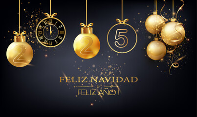 tarjeta o diadema para desear una Feliz Navidad y Próspero Año Nuevo 2025 en dorado y negro compuesto por bolas navideñas y un reloj sobre fondo negro con purpurina - obrazy, fototapety, plakaty