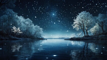 white trees of life or meditation relaxation concept with glowing golden fireflies in mystical fantasy abstract blue night sky showered by moonlight over river lake as wide banner - Powered by Adobe