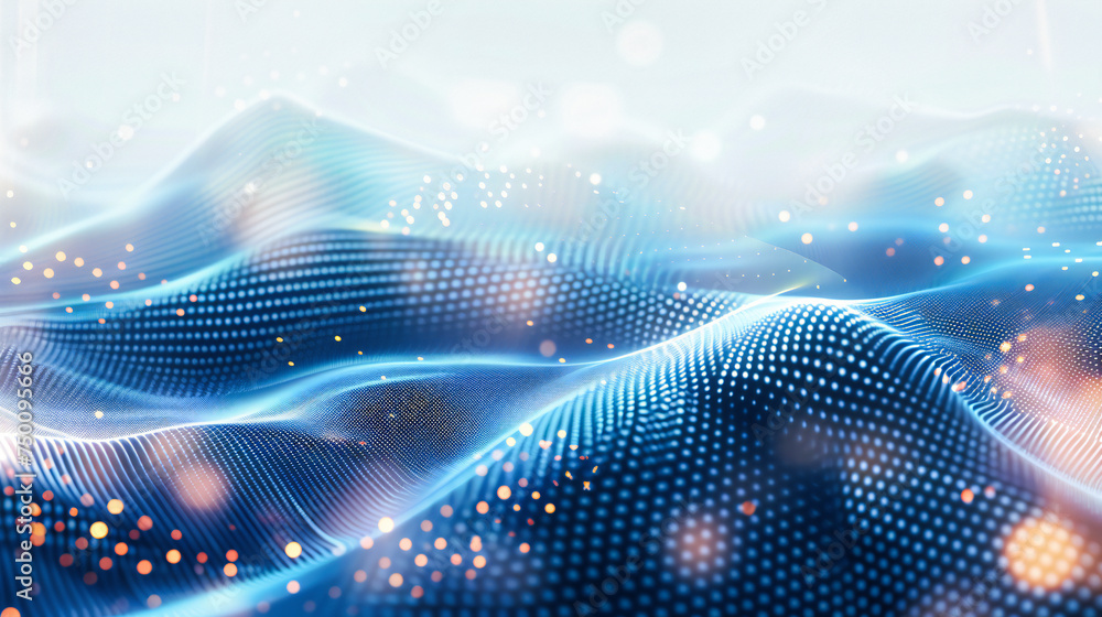 Poster light waves and digital particles in an abstract technology background, showcasing futuristic design