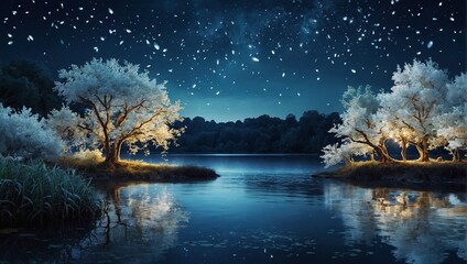 white trees of life or meditation relaxation concept with glowing golden fireflies in mystical fantasy abstract blue night sky showered by moonlight over river lake as wide banner