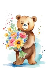 Teddy bear is holding bouquet of flowers isolated on pastel background. Concept of birthday and warmth, affection as teddy bear is symbol of love and comfort. Flowers add touch of beauty, color.