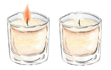 Watercolor burning candle in glass illustration isolated on white