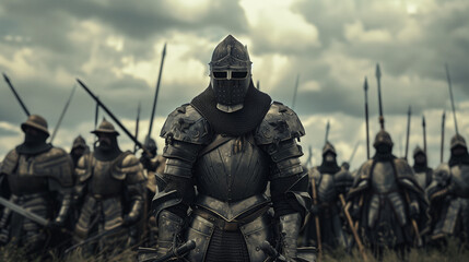 Medieval Knights in Full Armor with Helmets Ready to Battle