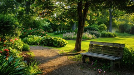 A serene park with a bench basking in the sunlight, surrounded by lush greenery and a well-maintained garden path