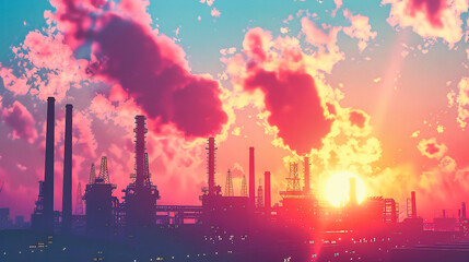 Eerie Industrial Twilight, Factories Casting Shadows, A Visual on the Environmental Footprint