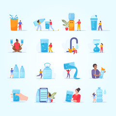 water balance set flat isolated icons with human characters water coolers bottles dispensers glasses