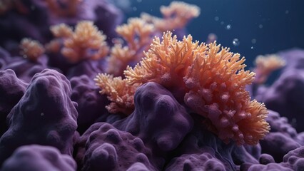 Macro close-up of minimalistic beautiful natural purple corals, 3d render illustration style. Wallpaper coral texture under water. Marine exotic abstract background.