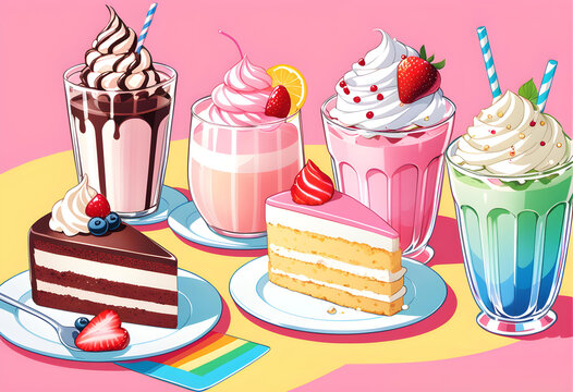 A delicious image that depicts cake slices, desserts and colorful milkshakes
