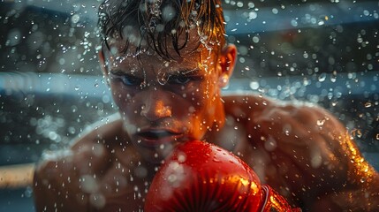 young boxer with red boxing gloves  - obrazy, fototapety, plakaty