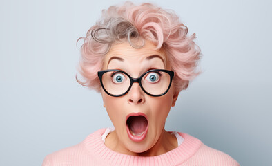 Portrait d'une femme senior surprise, étonnée, portant des lunettes, sur fond blanc, image avec espace pour texte. - obrazy, fototapety, plakaty