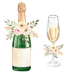 watercolor wedding champagne bottle and glass with floral isolated on white