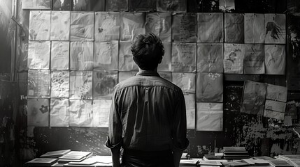 young boy is looking at a paper wall