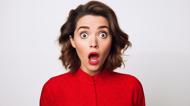 Une belle jeune femme surprise, &eacute;tonn&eacute;e, sur fond blanc, image avec espace pour texte.