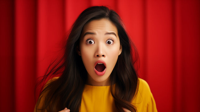 Une belle jeune femme asiatique surprise, étonnée, sur fond rouge, image avec espace pour texte.