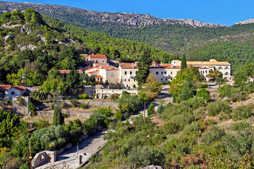Fototapeta na wymiar Panoramic view of Saint Meletios Monastery, within the forests of Mount Cithaeron, in Attica region, Greece, Europe.