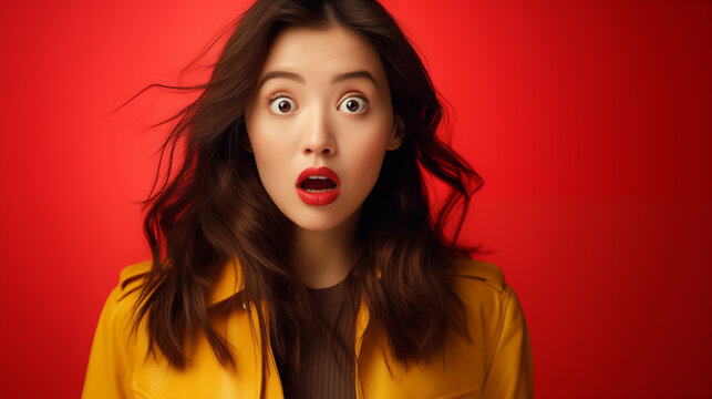 Une belle jeune femme asiatique surprise, &eacute;tonn&eacute;e, sur fond rouge, image avec espace pour texte.