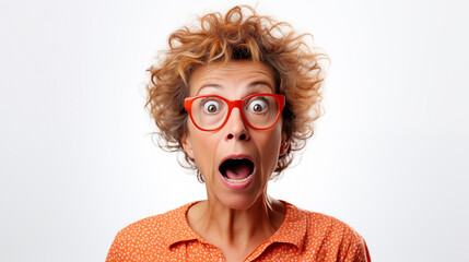 Portrait d'une femme senior surprise, étonnée, portant des lunettes, sur fond blanc, image avec espace pour texte. - obrazy, fototapety, plakaty