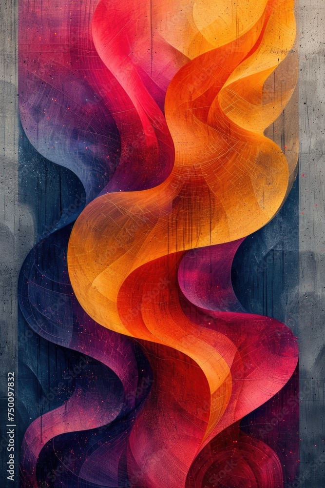 Poster a vibrant painting of a wave depicted on a wall, using bold colors to create a captivating visual di