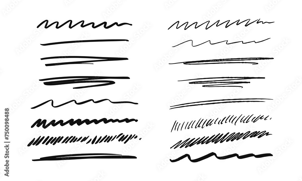Poster underlining and scribbling. collection of sixteen randomly drawn squiggles and doodles. vector set o