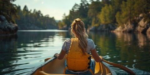 A woman rows a canoe on a serene lake, surrounded by nature, capturing the essence of adventurous relaxation. - obrazy, fototapety, plakaty