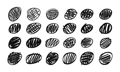 Circle strikethroughs and scribbles. Collection of twenty-four randomly drawn squiggles and doodles. Vector set of handwritten symbols and signs