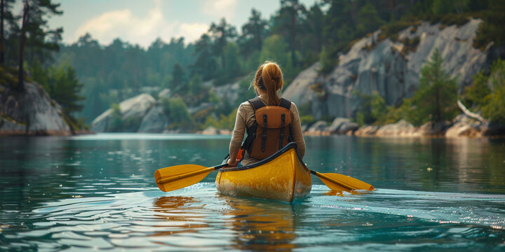 A woman kayaking on a calm river, enjoying an active summer adventure amid beautiful nature.