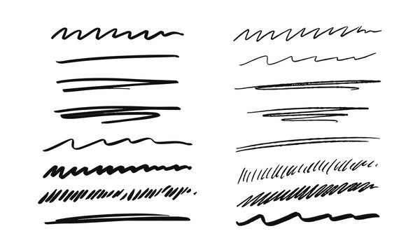 Underlining and scribbling. Collection of sixteen randomly drawn squiggles and doodles. Vector set of handwritten symbols and signs