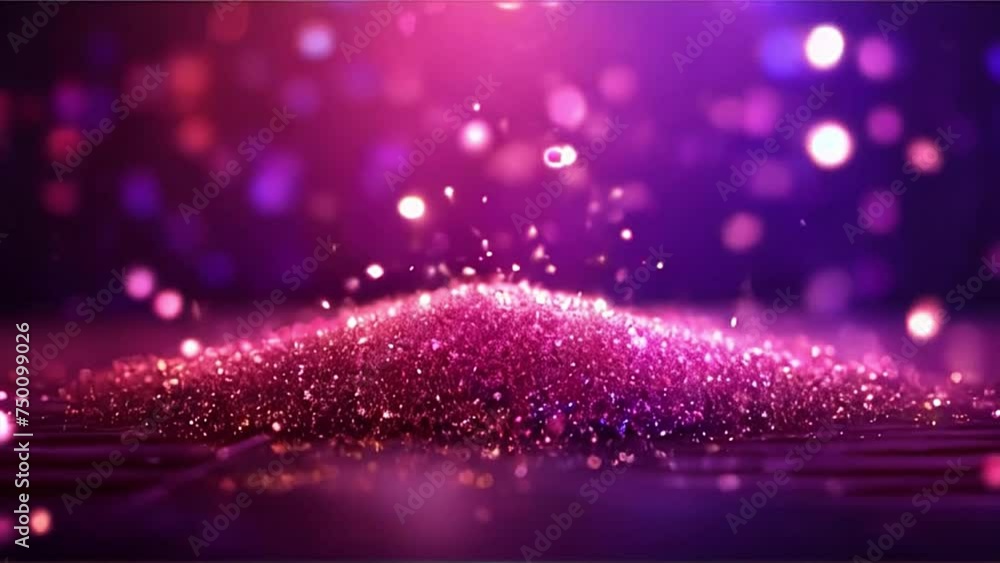 Poster sparkling purple and pink glitter particles with a waving animation. abstract background with bokeh 