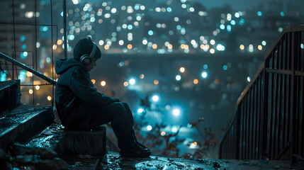 A cinematic photograph of a boy sitting alone on an old staircase, city lights in the background, emphasizing his isolation with headphones


