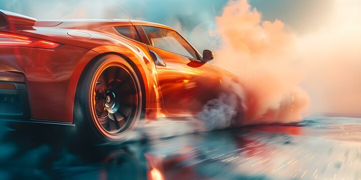 A sleek sports car expertly sliding around a tight corner kicking up smoke. Concept Sports Car, Sliding, Tight Corner, Smoke, Action Shot