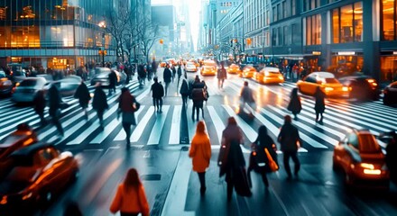 Time-lapse unrecognizable blurry lot of people crowd crossing city street, busy crossroad, many pedestrians crossing crosswalk. Timelapse rush hour crowded people walk, blurred fast motion