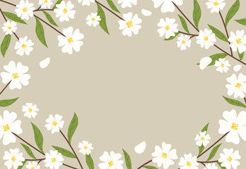 Beautiful frame of spring white blooming flowers on branches. Spring flowers in vector, flat style.