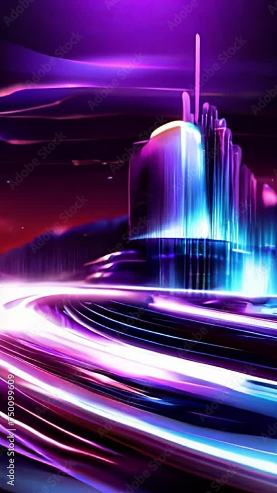 Wall mural 3d abstract neon background space and time strings, highway night lights. ultra violet rays, glowing