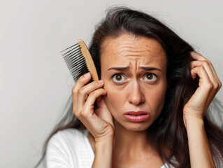 Donna di mezza età seria che tiene in mano  la spazzola con capelli caduti , capelli neri che cadono dal cuoio capelluto , sfondo bianco, problemi tricologici