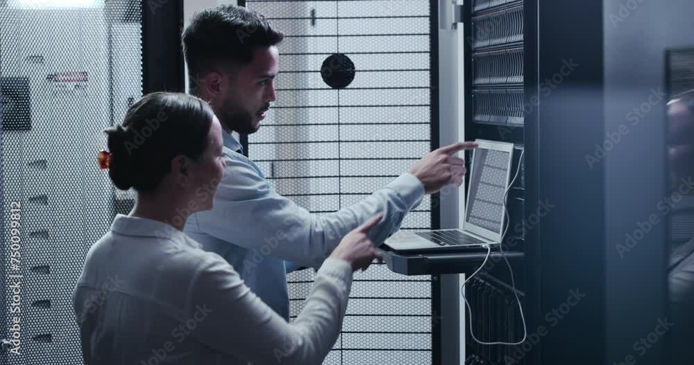 Poster Business team, server room and laptop for system maintenance, hardware or software backup in cybersecurity. People or technician on computer for support, coding inspection and data center solution