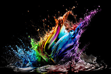 Colorful water  droplets and splashes on black background.. Generative AI.