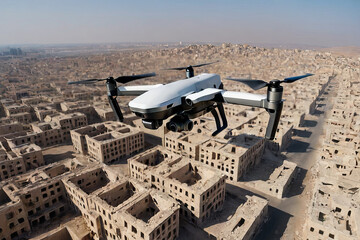 Quadcopter is flying over a city destroyed by war. Destroyed cities after the war