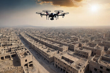 Quadcopter is flying over a city destroyed by war. World after Apocalypse
