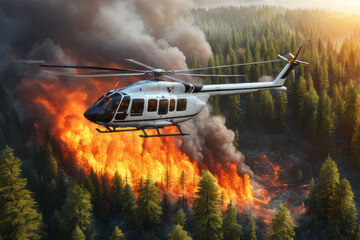 Forest fire extinguisher helicopter drops water on a forest fire in a steep, rocky terrain. Smoke covered the sky. One of the fastest and most effective ways to fight forest fires