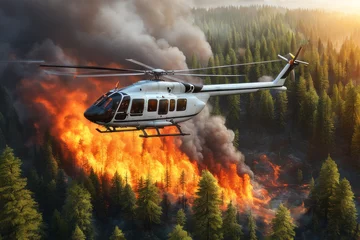 Fotobehang Forest fire extinguisher helicopter drops water on a forest fire in a steep, rocky terrain. Smoke covered the sky. One of the fastest and most effective ways to fight forest fires © irena_geo