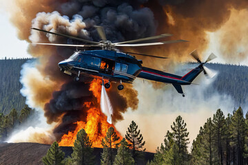 Forest fire extinguisher helicopter drops water on a forest fire in a steep, rocky terrain. Smoke covered the sky