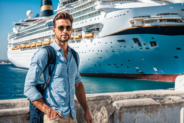 Fashionable handsome tourist, standing in front of big cruise liner, travel male